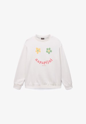 Biała bluza z okrągłym dekoltem, ozdobiona żółto-zielonymi kwiatowymi nadrukami oraz różowym napisem "Napapijri" na przodzie.