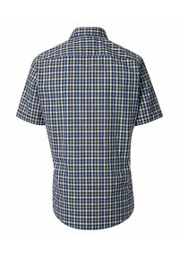 Korte mouwen shirt in marineblauw en beige ruitpatroon. Voorzien van een standaardkraag en een gebogen zoom. Textuur katoen stof met een gladde afwerking.