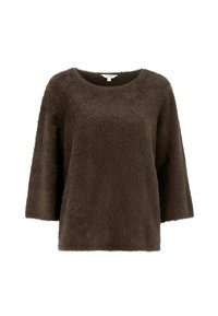 Bruine fuzzy pullover trui met een ronde halslijn, driekwartmouwen en een relaxte pasvorm. Zachte textuur, geen zichtbare patronen of hardware.
