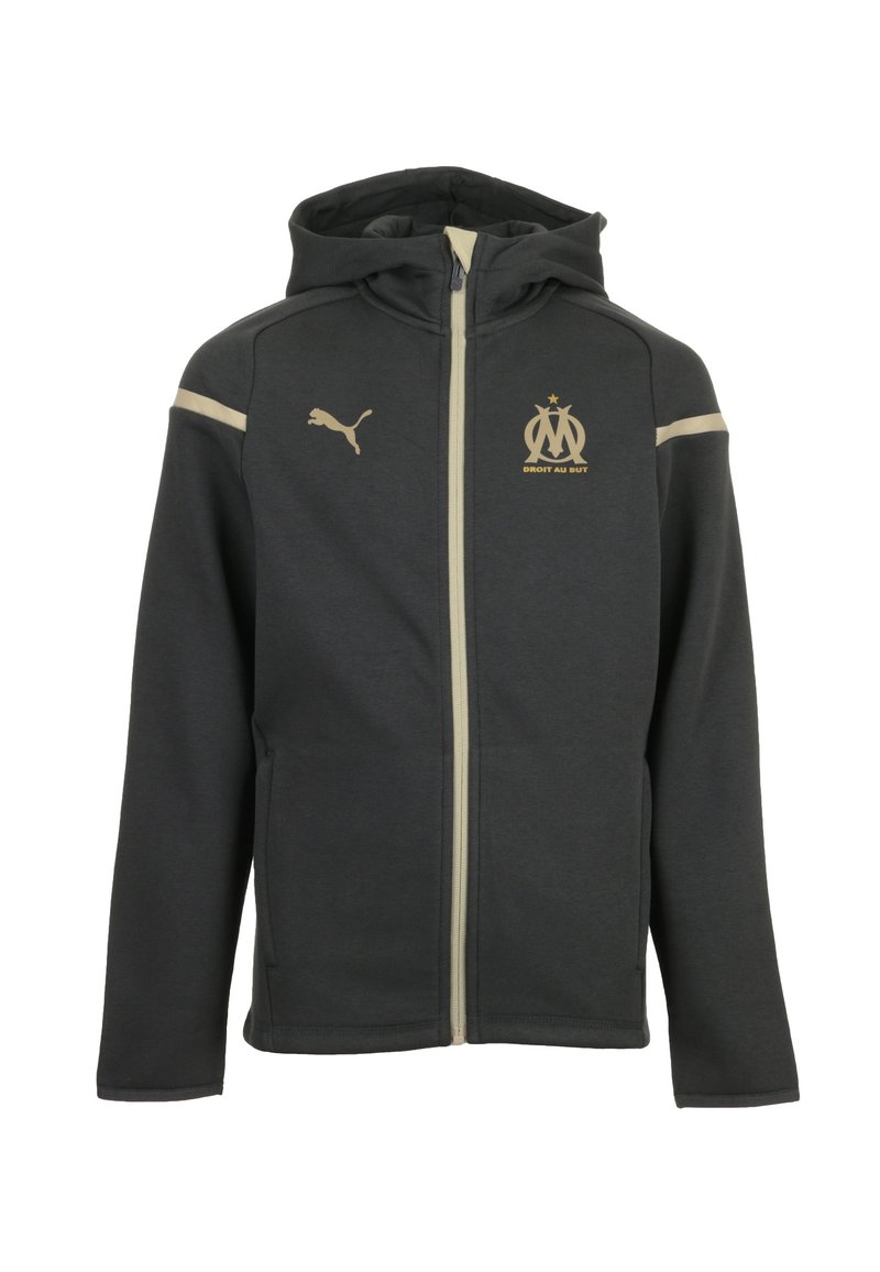 Sudadera gris con cremallera completa, que presenta un logo dorado de Puma y el emblema del equipo de Marsella. Hecha de tela suave con acentos en los hombros que contrastan.