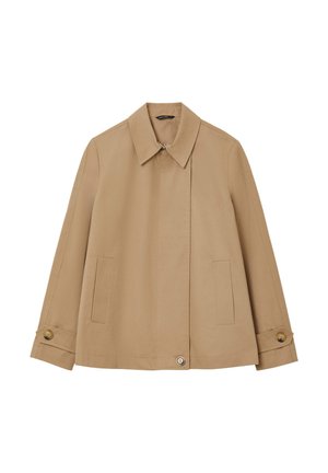 Tan cotton jacket with a collared neckline, front button closure, two side pockets, and button accents on the sleeves.