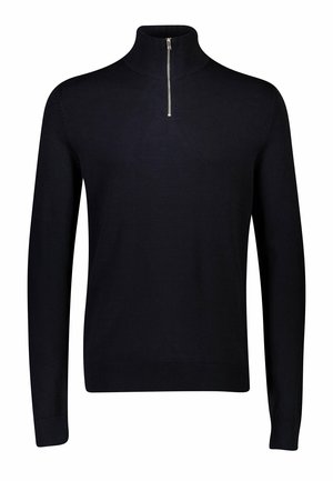 Pulôver de malha preto com gola alta e um pequeno zíper prateado na parte da frente. Mangas longas e punhos e bainha em canelado.