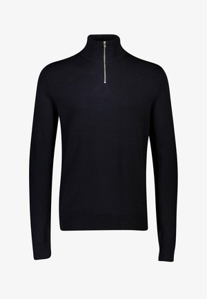 Pulôver de malha preto com gola alta e um pequeno zíper prateado na parte da frente. Mangas longas e punhos e bainha em canelado.