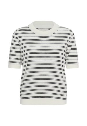 Haut en maille à manches courtes blanches avec des rayures horizontales noires, col rond, poignets et ourlet côtelés.