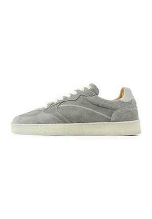 Gray suede low-top sneaker with white laces, white cushioned sole, and light brown inner lining, shown in side profile on white background.