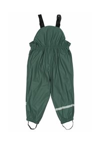 Gröna vattentäta överdrag med elastisk midja och justerbara svarta remmar. Har en reflekterande vit remsa och elastiska muddar för passform.