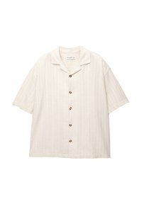 Short-sleeve, collared shirt in beige, featuring a textured fabric with vertical lines and five brown buttons along the front.