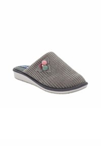 Zapatilla gris de tipo slip-on con textura acanalada, fabricada en un tejido suave y con acentos florales en rosa, verde azulado y burdeos. Suela blanca plana con una ligera elevación.