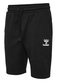 Shorts d'athlétisme en coton noir avec une taille élastique, un cordon de serrage, des poches latérales et un logo blanc sur la jambe gauche.