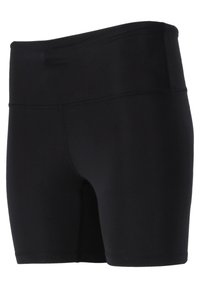 Shorts sportivi neri realizzati in tessuto elasticizzato. Presentano una vita alta, una texture liscia e un design aderente di lunghezza media fino alla coscia.