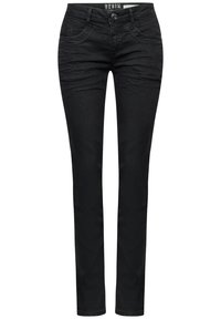Svarta denimjeans med slim fit, femfickorsdesign, diskreta sömnadsdetaljer och knappstängning i midjan.