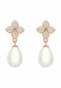 Gold-tone earrings featuring a four-petal design with cubic zirconia accents, leading to a smooth, teardrop-shaped white pearl.