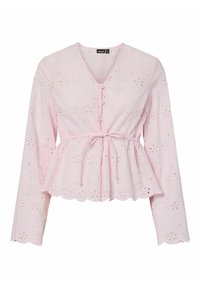 Rosa peplum bluse med lange ærmer, V-hals, knaplukning foran, broderede blomsterdesigns og bølgede kant. Lavet af letvægtsstof.