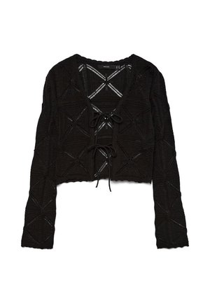 Μαύρη μακρυμάνικη ζακέτα πλεκτή με κυματιστά άκρα, γεωμετρικά σχέδια και δύο δεσίματα μπροστά.