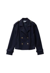 Veste cropped en mélange de laine marine avec un design à double boutonnage, boutons dorés, épaulettes et largeurs de manche. Texture lisse, silhouette ajustée.