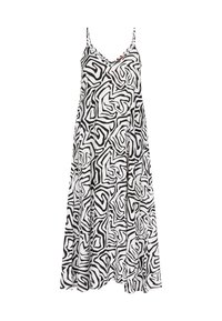 Rochie fără mâneci alb-negru, cu un model abstract în spirală, confecționată dintr-un material ușor, cu o croială lejeră și un design fluid.
