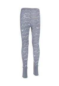 Leggings con un motivo grigio e linee ondulate in viola e bianco. Presentano polsini aderenti alle caviglie, realizzati in un tessuto morbido e elasticizzato.