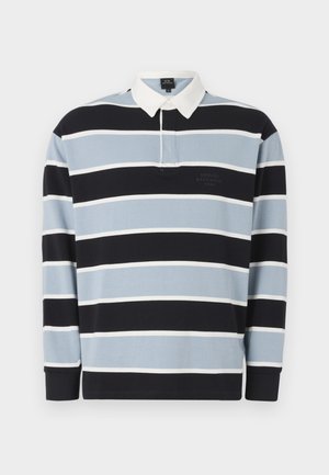 Zwart, lichtblauw en wit gestreept langemouw polo shirt met een witte kraag, met een geborduurd logo op de linkerkant van de borst.