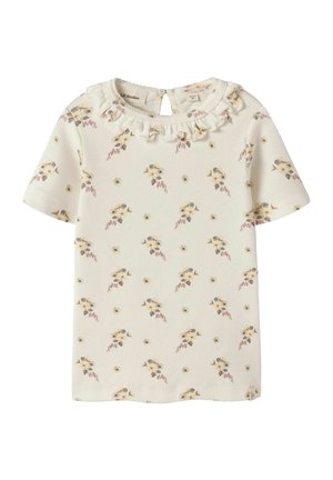 Weißes kurzärmeliges Kleinkindhemd mit kleinem gelbem und rosafarbenem Blumenmuster und gerafftem rundem Ausschnitt.