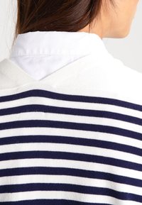 Žena s hnědými vlasy, oblečená v bílé košili s límečkem pod bílým a tmavě modrým svetrém s horizontálními pruhy, pohledem zezadu.