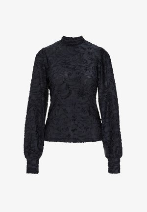 Melna garām piedurknēm blūze ar augstu apkakli, kas izceļas ar sarežģītu ziedu tekstūru, mīkstu audumu un savelkiem pie piedurknēm, lai piešķirtu niansi.