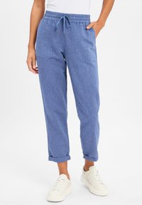 Light blue, relaxed-fit pants with an elastic waistband and drawstring, featuring cuffed hems and side pockets. Worn with white sneakers.