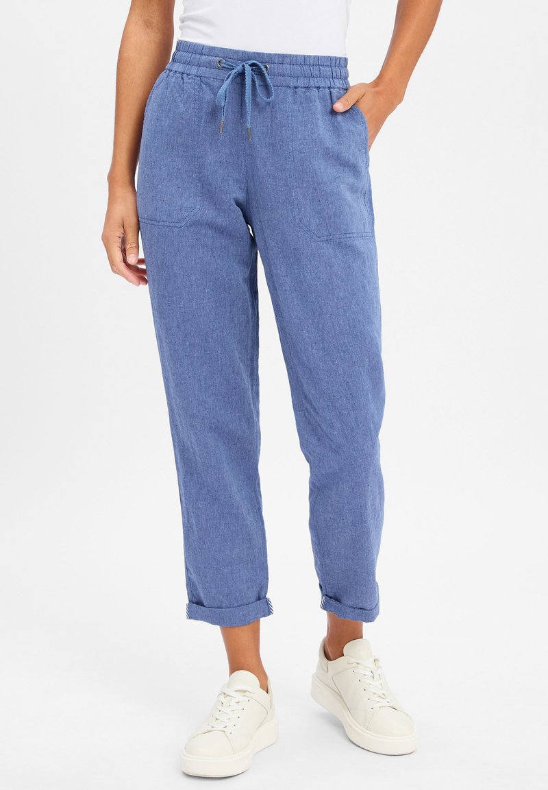 Light blue, relaxed-fit pants with an elastic waistband and drawstring, featuring cuffed hems and side pockets. Worn with white sneakers.