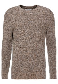 Maglione a maglia marrone con maniche lunghe e scollatura rotonda. Presenta una miscela di fibre marroni e crema, offrendo un motivo leggermente in rilievo.
