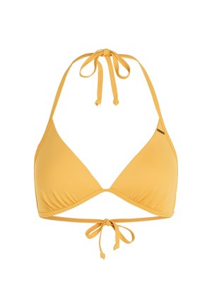 Yellow triangle bikini top with adjustable ties at the neck and back. Made from smooth, stretchy material with gathered seams.