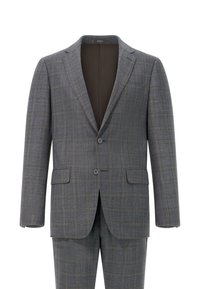 Chaqueta de traje a rayas grises con cierre de dos botones, solapas en pico y bolsillos de parche. Se puede observar la textura suave y la costura detallada.