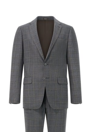 Graue karierte Anzugjacke mit einer Knopfleiste mit zwei Knöpfen, Reverskragen und aufgesetzten Taschen. Die glatte Textur und die feinen Nähte sind sichtbar.