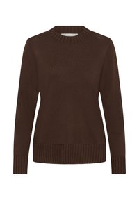 Pull en maille marron foncé à manches longues avec col rond côtelé, poignets et ourlet, présenté de face sur fond blanc.