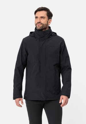 Black waterproof jacket with a front zipper, adjustable hood, and drawstrings. Features a smooth, matte texture and minimalistic design.
