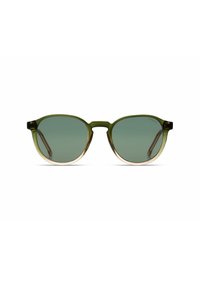 Lunettes de soleil rondes avec des verres teintés en vert, monture vert olive et or rose, présentant une finition lisse et un matériel minimal.