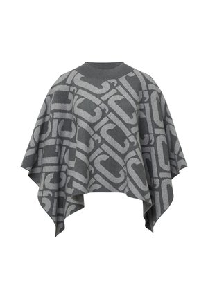 Poncho grigio lavorato a maglia con un motivo geometrico in grigio scuro e grigio chiaro. Presenta un collo rotondo e un orlo asimmetrico.