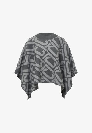Gray knitted poncho with a geometric pattern in dark gray and light gray. Features a round neckline and asymmetrical hem.