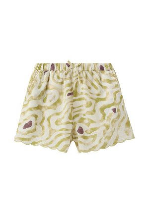 Short en tissu léger avec des motifs ondulés abstraits verts, des accents violets, une taille élastique, un cordon et un ourlet festonné.