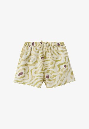 Lichte stofshorts met groene abstracte golvende patronen, paarse accenten, elastische tailleband, trekkoord en gegolfde zoom.