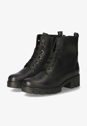 Black leather lace-up ankle boots with a chunky sole, rounded toe, silver eyelets, and side zipper for easy wear.