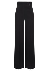 Pantalones anchos de tiro alto en negro con dos bolsillos laterales y dos botones negros en la cintura.
