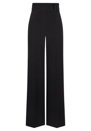 Široke črne hlače iz gladkega materiala, z visokim pasom in dvema gumboma ter dvema sprednjima žepoma. Oblikovan stil.