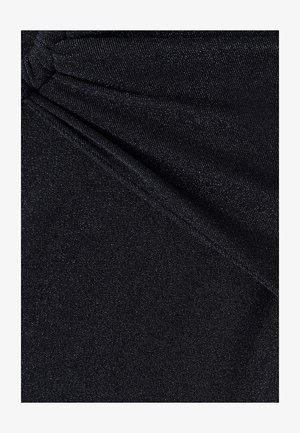 Black, textured fabric with a subtle sheen, featuring gathered detailing on one side and a smooth, stretchable material throughout.