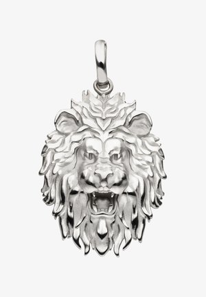 Silver lion head pendant with intricate detailing, featuring a fierce expression, flowing mane, and a loop for attachment.