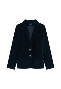 Marineblauwe fluwelen blazer met een geknipte revers, twee voorzakken en drie gouden knopen. Glad materiaal en een getailleerde pasvorm.