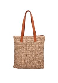 Geweven stro tote bag met tan leren handvatten en ritssluiting, met een gestructureerd oppervlak en rechthoekige vorm.