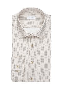 Chemise de couleur claire avec un petit motif à carreaux en bleu foncé et marron. Dotée d'un col standard et de poignets boutonnés.