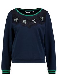 Námořnická mikina s límcem a manžetami se zelenými pruhy. Přední strana má černou krajku s třpytivými aplikacemi "ARTY". Měkká textura.