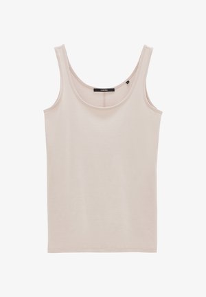 Beige ärmelloses Top aus weicher Baumwolle, mit dünnen Trägern und einem runden Ausschnitt, verfügt über eine glatte Textur und minimale Nähdetails.