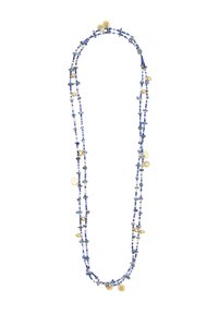 Pärlarmband med olika blå nyanser och guld accenter, med en blandning av former inklusive cylindriska och cirkulära designer.