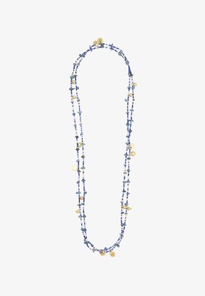 Collana di perline con diverse sfumature di blu e accenti dorati, con una miscela di forme che includono design cilindrici e circolari.